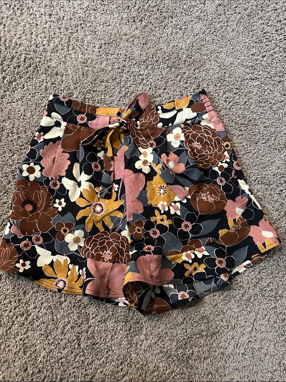 DR2 Black Floral Tie-Waist Skater Shorts - Pink, Brown & Mustard